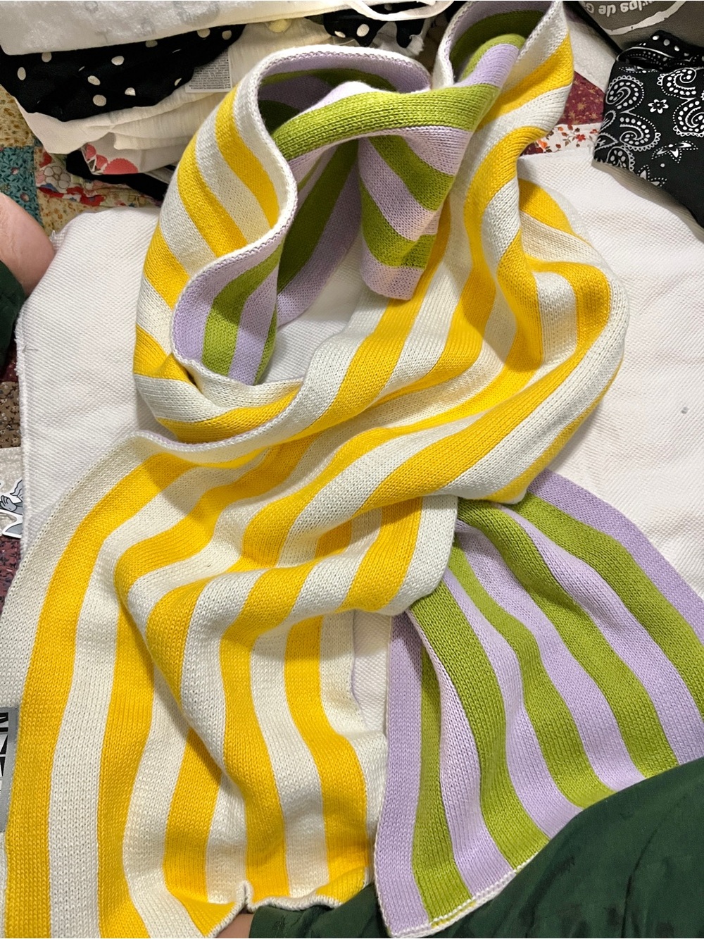 Reversible Striped Knit Scarf in Lavender, Olive Green & Yellow